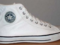 White Leather Jewel High Top Chucks  Right white leather jewel high top, outside view.