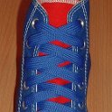 Fat (Wide) Royal Blue Shoelaces on Chucks  Royal blue and red 2-tone high top with wide royal blue laces.