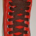 Fat (Wide) Brown Shoelaces on Chucks  Red high top with fat brown shoelaces.