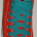 Fat (Wide) Teal Shoelaces on Chucks  Red high top with fat teal shoelaces.