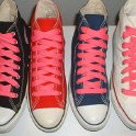 Fat (Wide) Neon Pink Shoelaces on Chucks  Core color high top chucks with fat neon pink shoelaces.