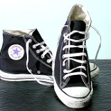 Worn Black High Top Chucks  Lightly worn black high tops with straight lacing, top and inside patch views.