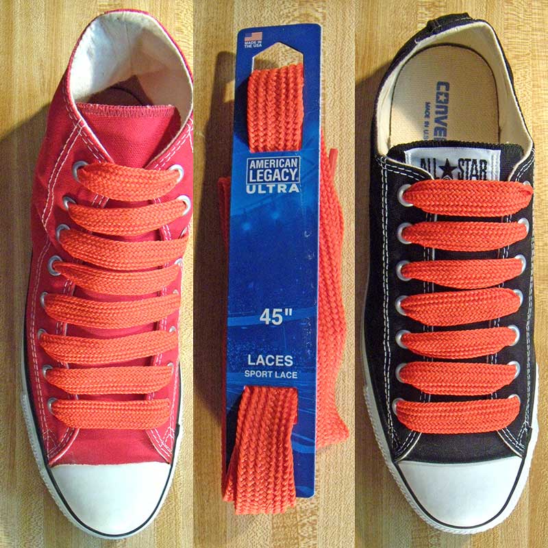 xfat orange shoelaces on red high top amd black low top chucks